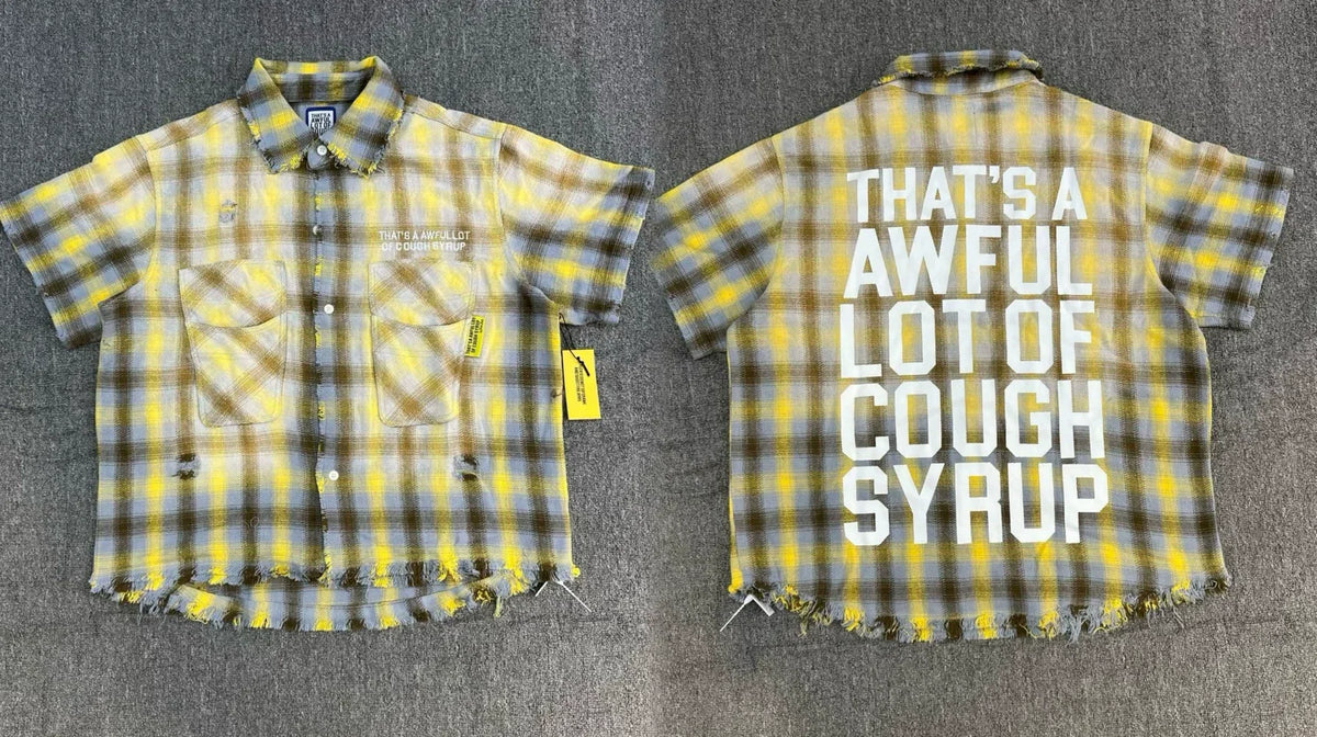 That's A Awful Lot Of Cough Syrup Distressed Plaid Button-Down Shirt - Yellow Plaid